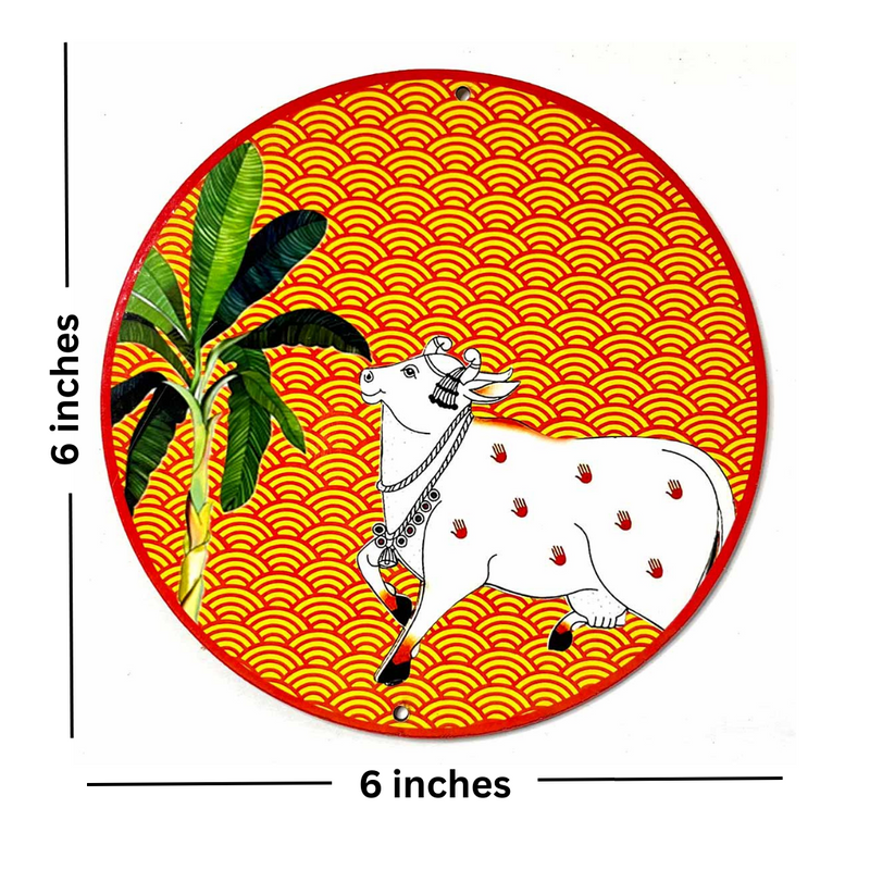 Orange Pichwai | Pichwai Cow | Banana Tree Mdf 6INCH | Cow | MDf Banana Tree With Cow | Art Craft | Decoration Craft | indian Home | Decoration | Project Making | Cutouts | Pichwai | Adikala | Adikala Craft Store