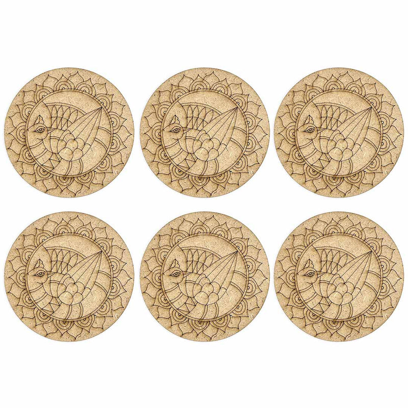 Round Shaped MDF Engraved Madhubani Peacock Design Coaster Set of 6 | MDF Peacock | Peacock Design Coaster | Set of 6 | Engraved Madhubani | Round Shaped MDF | peacock Design Coaster | Art Craft | Craft Online | Adikala | Laser Cutting | Madhubani Design | Adikala