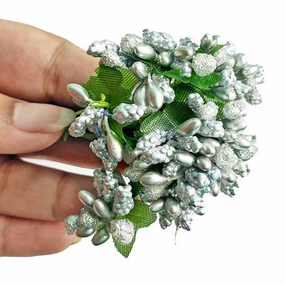 Silver Artificial Pollen Flower Set Of 4 Bunch | Silver Artificial Flower | Pollen | Artificial Pollen
