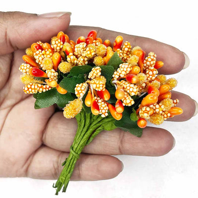 Orange Artificial Pollen Flower Set Of 4 Bunch | Artificial Pollen Flower | Pollen Flower | Collection | Adikala | Orange Pollen