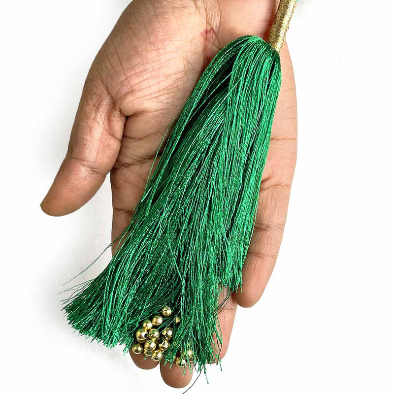 Big Size Green Color & Golden Beads Hanging/Tassels Pack Of 6 | Big Size Green Color Tassels | Golden Beads Hanging Tassels | Tassels Pack of 6 |  Art Craft | Adikala Craft Store | Tassels | Latkan  