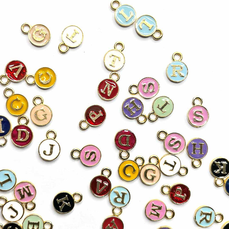 Multicolor With Golden Alphabet Round Shape Metal Charms Set Of 20