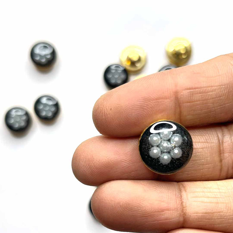 Black Color With White Beads Flower Round Shape Fancy Buttons Set Of 10 | Button | Round Shape | White Beads Flower | Black Fancy Buttons | Decoration  |  Jewellery  Making | Fashion |  Art Craft | Adikala Craft Store 