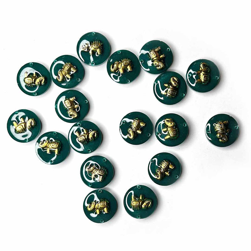  Dark Green Color Round Shape Acrylic Button With Metal Elephant Set Of 10 | Dark Green Color Button | Round Shape Acrylic Button | Metal Elephant Set Of 10 | Decoration | Jewellery Making | Project | Art Craft | Adikala Craft Store | Adikala | Elephant Shape Button