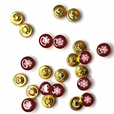 Dark Maroon Color With White Beads Flower Round Shape Fancy Buttons Set Of 10