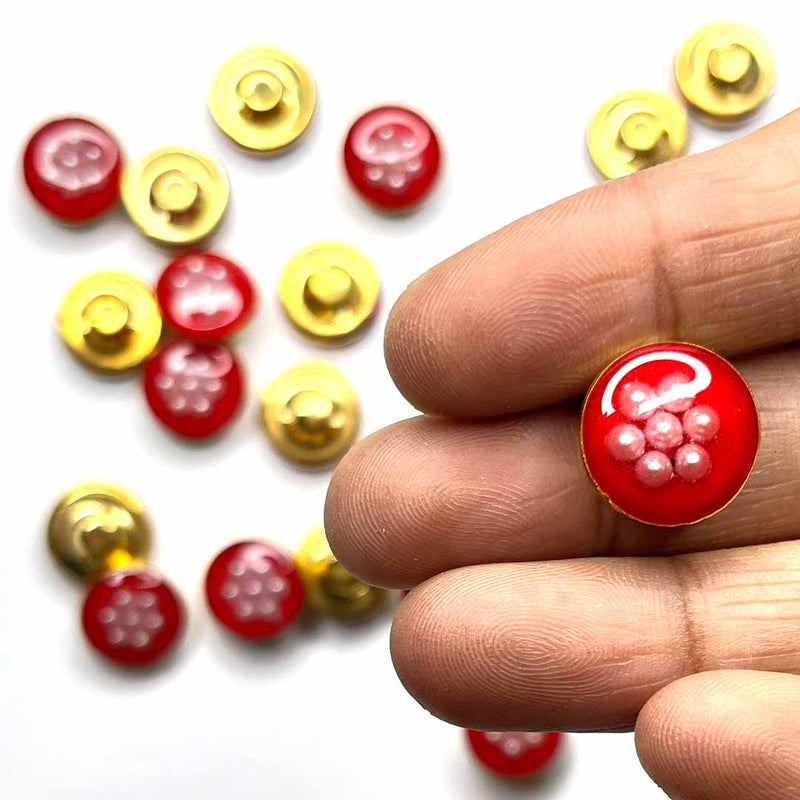Red Color With White Beads Flower Round Shape Fancy Button | Red Color |  White Beads Flower Round Shape Fancy Buttons |  Set Of 10 | Jewellery | fancy Buttons | Decoration | Art Craft | Adikala Craft Store 