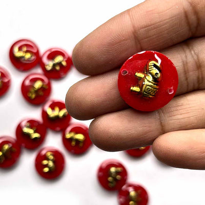 Red Color Round Shape Acrylic Button With Metal Elephant Set Of 10 | Red Elephant Button | Metal Elephant | Acrylic Button Shape | Decoration | Jewellery Making | Art Craft | Adikala Craft Store | Adikala