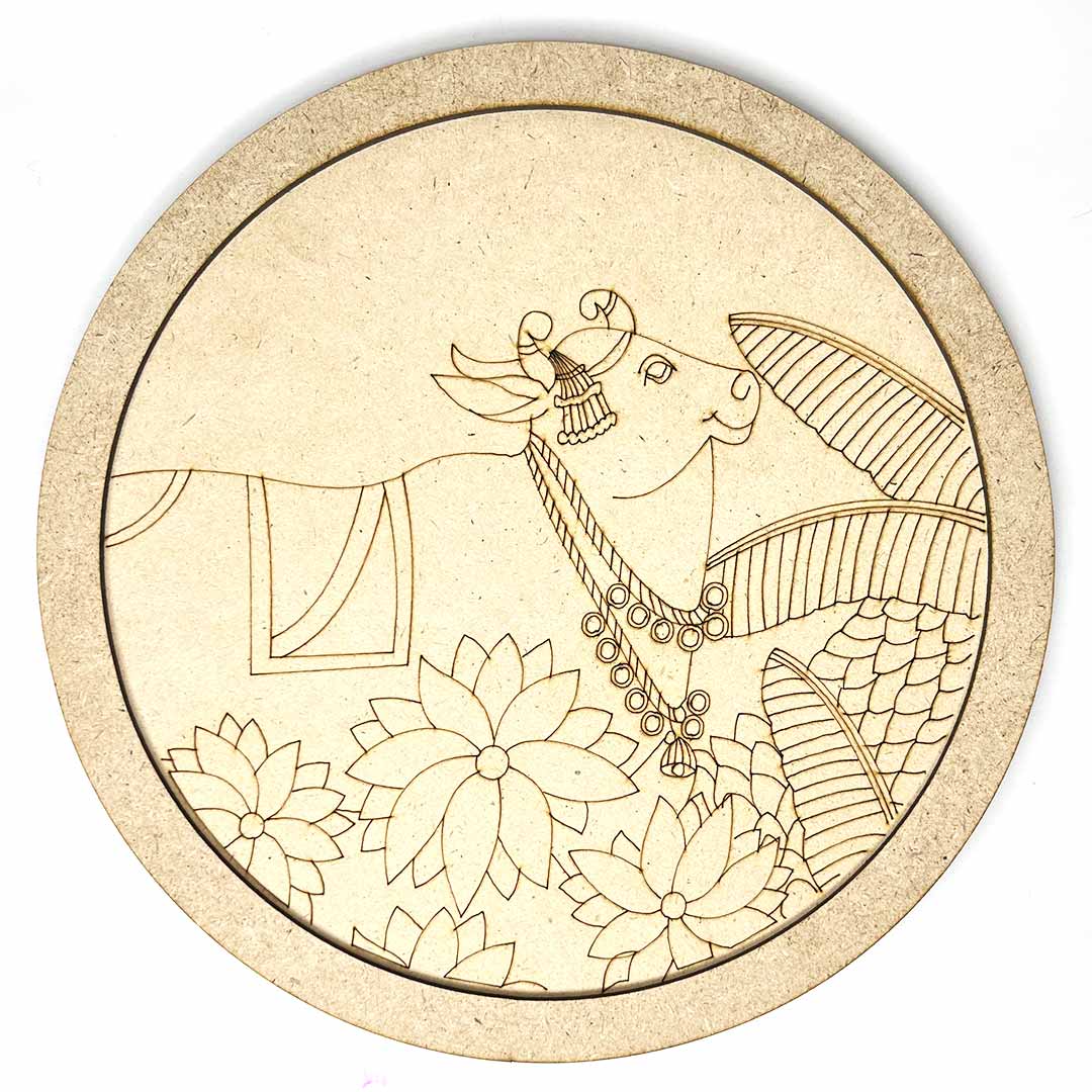 Cow With Leaf Motives Engraved Design Wall Plate Base With Frame | Cow With Leaf Motives Engraved Design |  Cow | Wall Plate With Frame | Design | Decoration | Indian Art | Wall Art | Engraved Design | Cutouts |  Art | Art Craft | Adikala Craft Store
