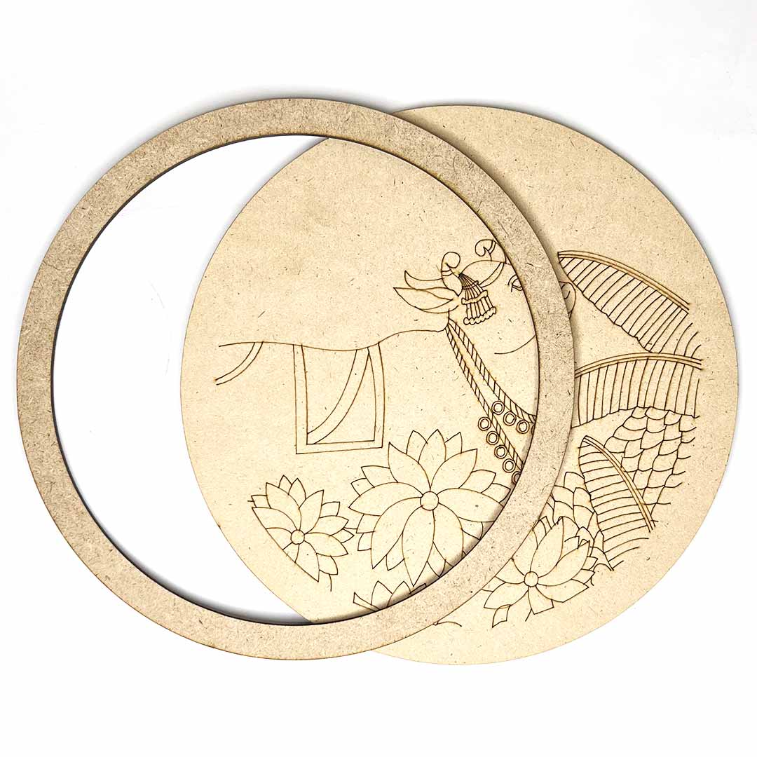 Cow With Leaf Motives Engraved Design Wall Plate Base With Frame | Cow With Leaf Motives Engraved Design | Cow | Wall Plate With Frame | Design | Decoration | Indian Art | Wall Art | Engraved Design | Cutouts | Art | Art Craft | Adikala Craft Store