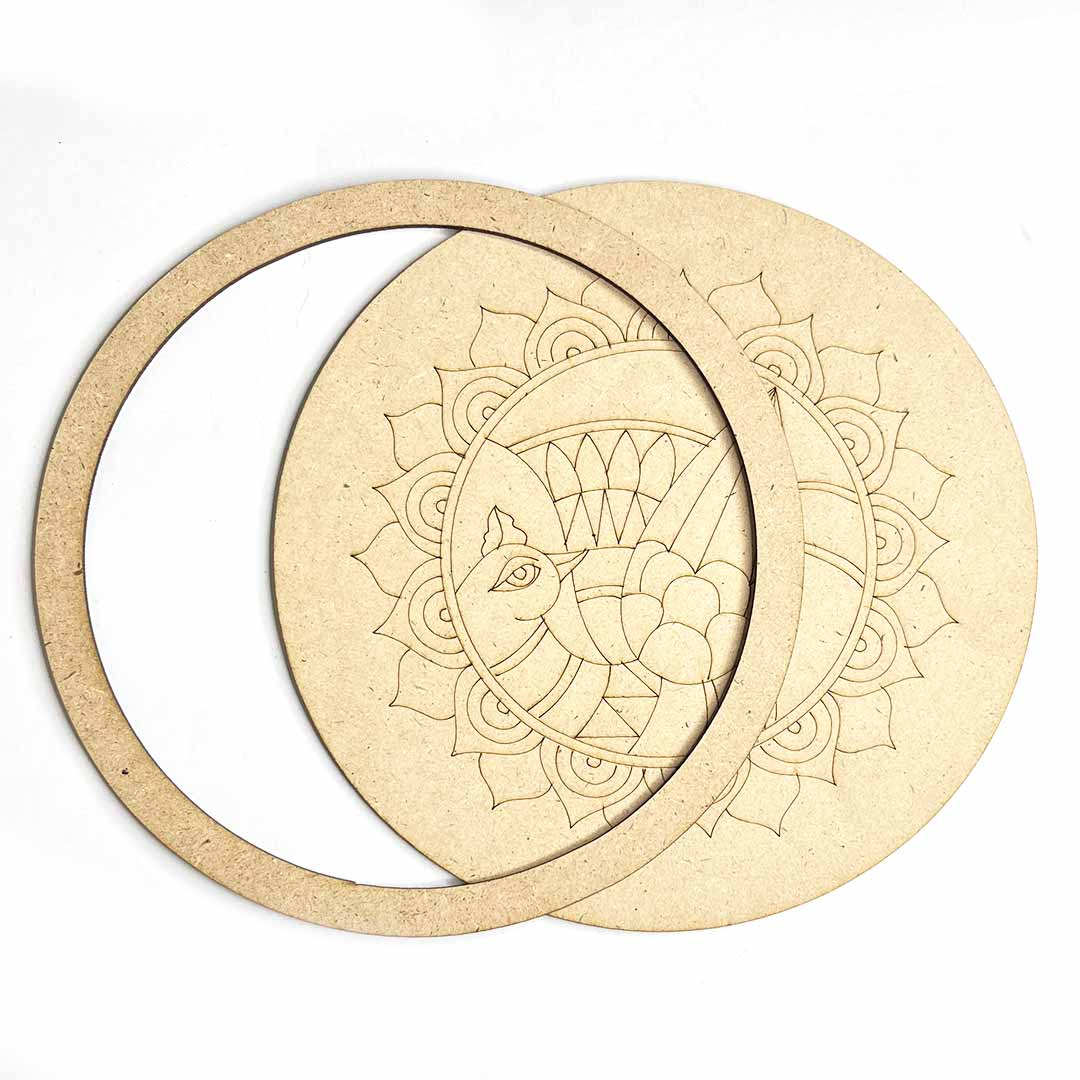 Peacock & Mandala Engraved Design Wall Plate Base With Frame Set Of 6 | Mandala Engraved Design Wall Plate | Frame Set Of 6 | Adiklala Craft Store | Art Craft | Art | Design | Engraved | Collection | Project | Home decoration