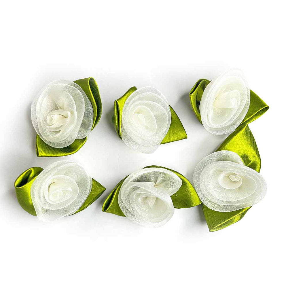 White Color Organza Rose Flower With Leaves Set Of 10 | White Color Organza Rose Flower | Leaves set of 10 | Organza Rose Flower | Art Craft | Decoration | Flower | Image | Adikala Craft Store