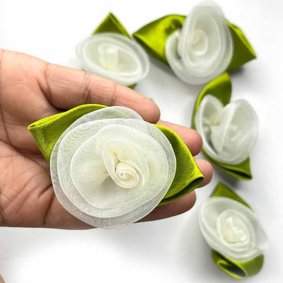 White Color Organza Rose Flower With Leaves Set Of 10 | White Color Organza Rose Flower | Leaves set of 10  | Organza Rose Flower | Art Craft | Decoration | Flower | Image | Adikala Craft Store 