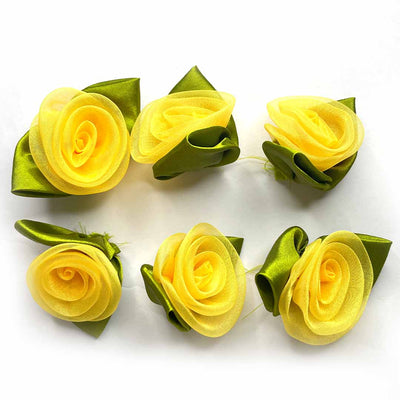 Yellow Color Organza Rose Flower With Leaves Set Of 10 | Yellow Color Organza Flower | Leaves Set of 10 | Organza Flower | Decoration | Indian Home Decoration | Festivals | Shadi decoration | Wedding Decoration | Art Craft | Adikala Craft Store