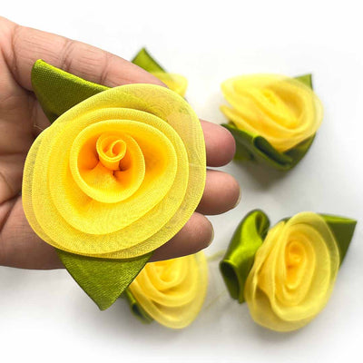 Yellow Color Organza Rose Flower With Leaves Set Of 10 | Yellow Color Organza Flower | Leaves Set of 10 | Organza Flower | Decoration | Indian Home Decoration | Festivals | Shadi decoration | Wedding Decoration | Art Craft | Adikala Craft Store 