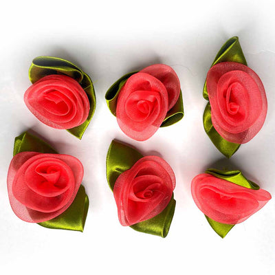 Pink Color Organza Rose Flower With Leaves Set Of 10 | Pink Color Organza Flower | Leaves Set of 10 | Organza Rose Flower | Art Craft | Decoratoin | Indian Festivals | Shadi Decoration | Wedding Decoration | Adikala Craft Store
