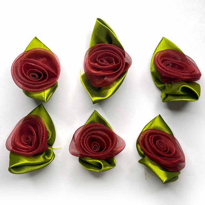 Dark Maroon Color Organza Rose Flower With Leaves Set Of 10 | Dark Maroon Color Organza Flower | Leaves Set of 10 | Organza Rose Flower | Art Craft | Decoration | Festivals | Adikala Craft Store