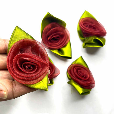 Dark Maroon Color Organza Rose Flower With Leaves Set Of 10 | Dark Maroon Color Organza Flower | Leaves Set of 10 | Organza Rose Flower | Art Craft | Decoration | Festivals | Adikala Craft Store 