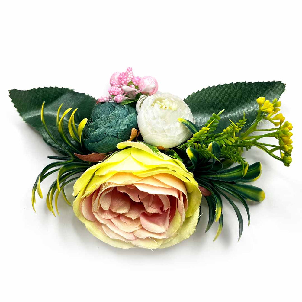 Light Yellow Rose Teal Green & Cream Peony Artificial Flower Bunch Set of 2 | Teal Green Flower | Cream Peony Artificial Flower | Flower Bunch | Set of 2 | Adikala Craft Store | Craft Store | Art Craft | Decoration | Festivals | Adikala | Shadi | Wedding | wooden Color Flower
