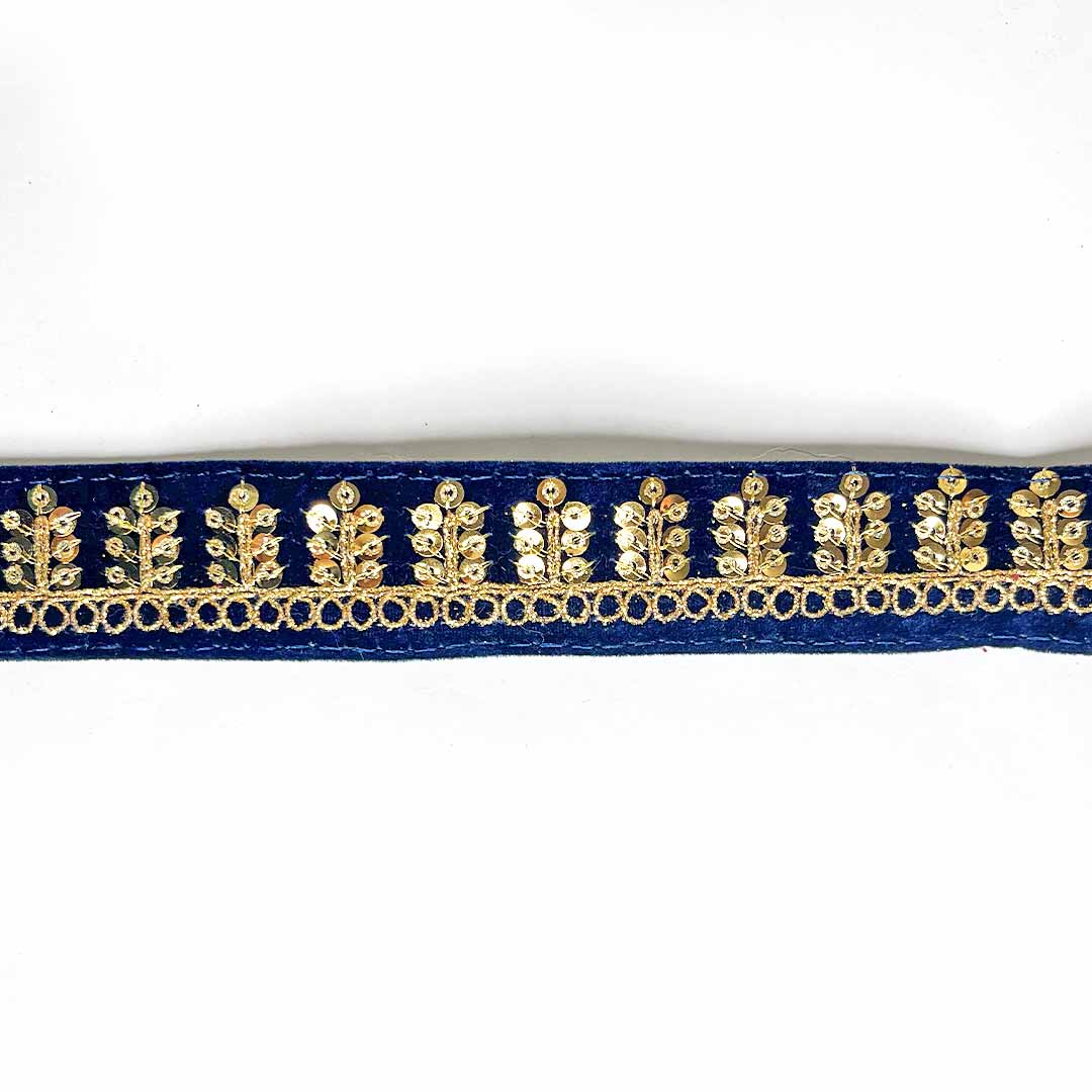 Dark Blue Velvet With Golden Zari Embroidered Border- ( 9mtr ) | Dark Blue Velvet | Golden Zari Embroidered Border | Silk | Resham | Zari | Adikala Craft Store | Art Craft | Decoration | Laces Collection | Border Collection | Craft Making