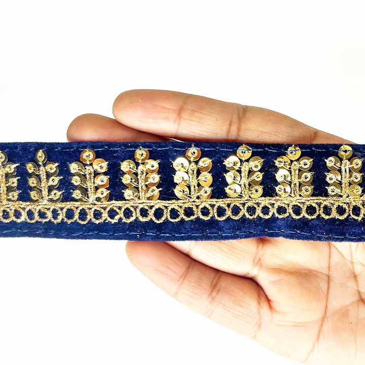 Dark Blue Velvet With Golden Zari Embroidered Border- ( 9mtr ) |  Dark Blue Velvet |   Golden Zari Embroidered Border | Silk | Resham | Zari |  Adikala Craft Store | Art Craft | Decoration | Laces Collection | Border Collection | Craft Making