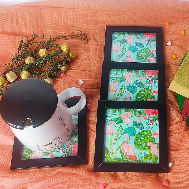 Tropical Leaves & Flamingo Bird  Coaster Set Of 4