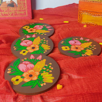 Floral Designed Set Of 4 Hand Painted Coasters