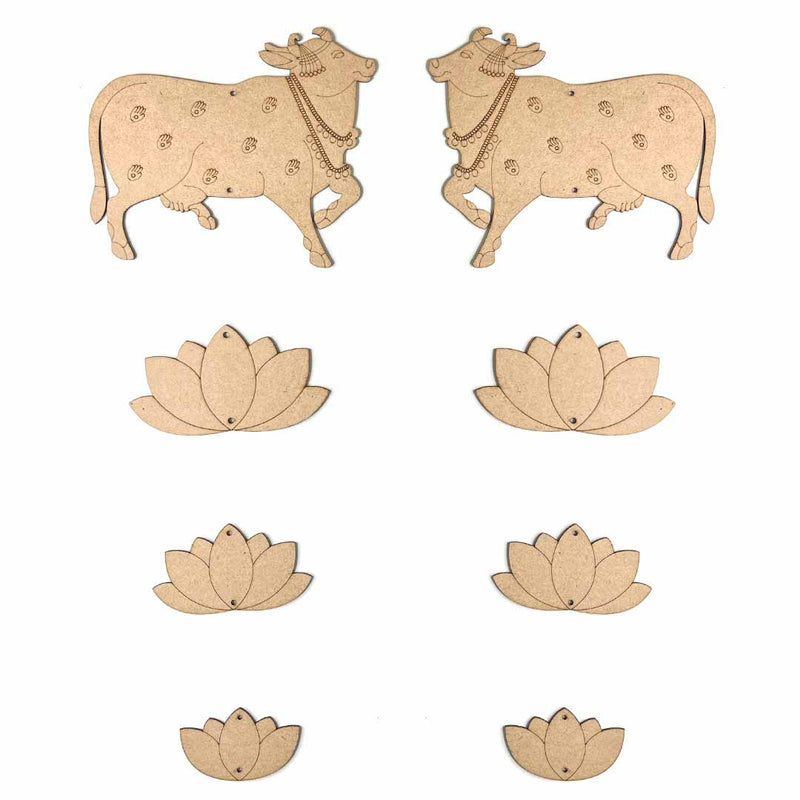 Engraved Mdf Cutout Of Pichwai Cow & Lotus Set of 8 | pichwai cow |  MDF | cutouts | canvas  | Decoration | Indian Art | Wall Art | Engraved Design | Cutouts | Art | Art Craft | Adikala Craft Store  