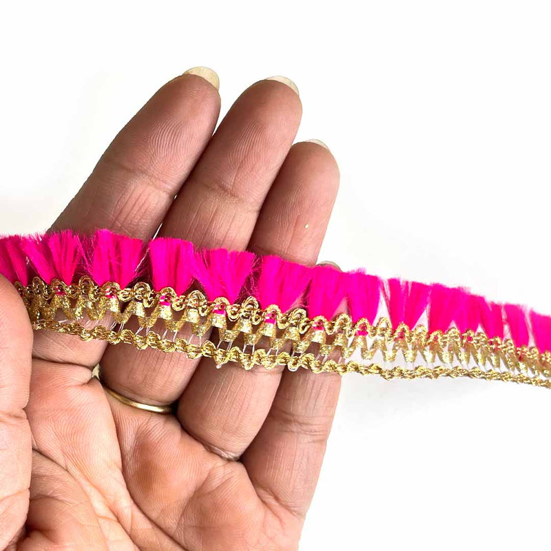 Golden Zari & Rani Pink Polyester Thread | Golden Zari & Rani Pink Polyester Thread Lace | Borders |  Lace & Border - ( 9mtr ) | Adikala Craft Store | Art Craft | Decoration | Laces Collection | Border Collection | Craft Making