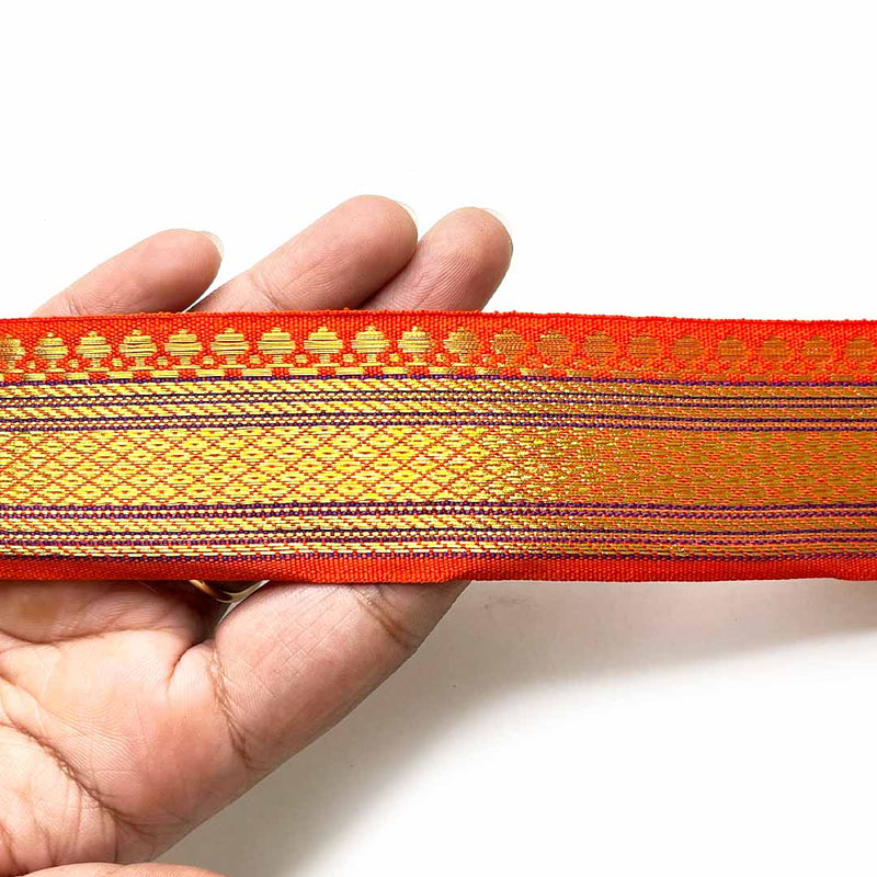 Orange & Golden Zari Color Weaving Border- ( 5mtr ) | Orange Color Lace | Golden Zari | Adikala Craft Store | Art Craft | Decoration | Laces Collection | Border Collection | Craft Making