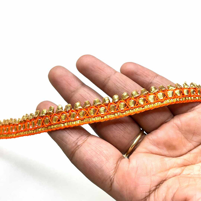 Orange & Golden Zari Gota Lace & Border - ( 9mtr ) |  Orange & Golden Zari Gota Lace |   Zari Gota Lace & Border | Zari | Silk Thread | Resham | Adikala Craft Store | Art Craft | Decoration | Laces Collection | Border Collection | Craft Making