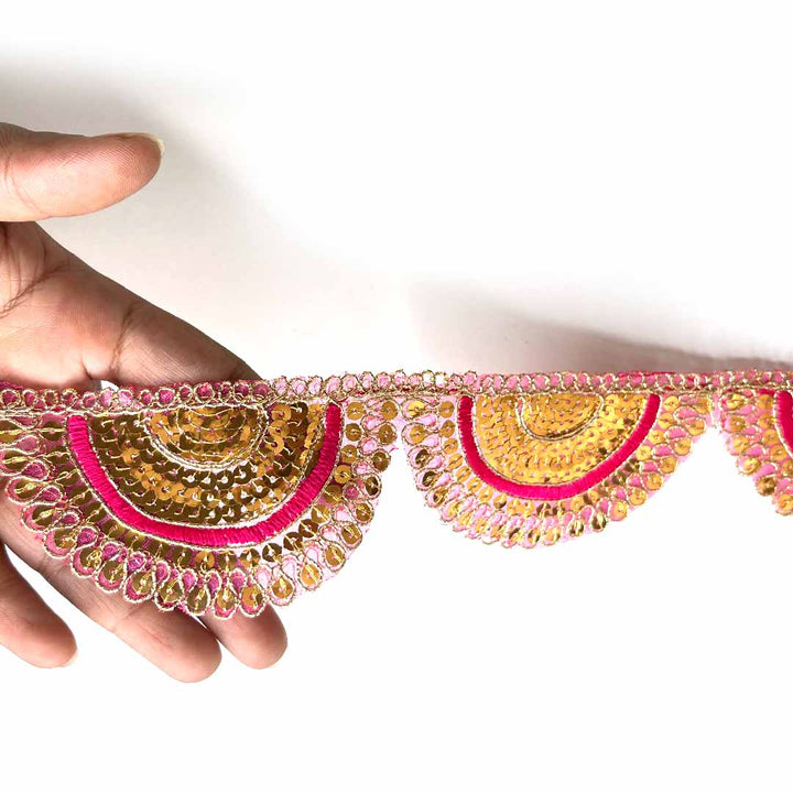 Rani Pink With Zari Work Semi Circle Tissue Lace & Border ( 9mtr ) | Zari | Lace | Resham | Adikala Craft Store | Art Craft | Decoration | Laces Collection | Border Collection | Craft Making