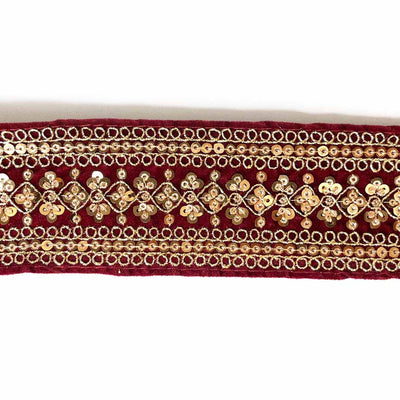Maroon Velvet With Golden Zari Embroidered Border- ( 9mtr, Design_2 ) | Maroon Velvet With Golden Zari | Adikala Craft Store | Art Craft | Decoration | Laces Collection | Border Collection | Craft Making