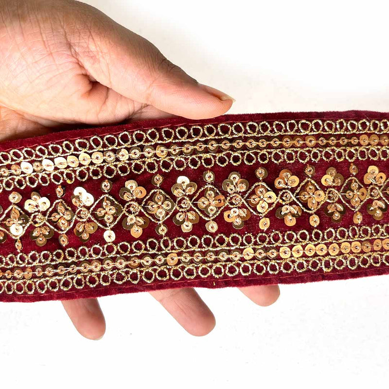 Maroon Velvet With Golden Zari Embroidered Border- ( 9mtr, Design_2 ) | Maroon Velvet With Golden Zari  |  Adikala Craft Store | Art Craft | Decoration | Laces Collection | Border Collection | Craft Making