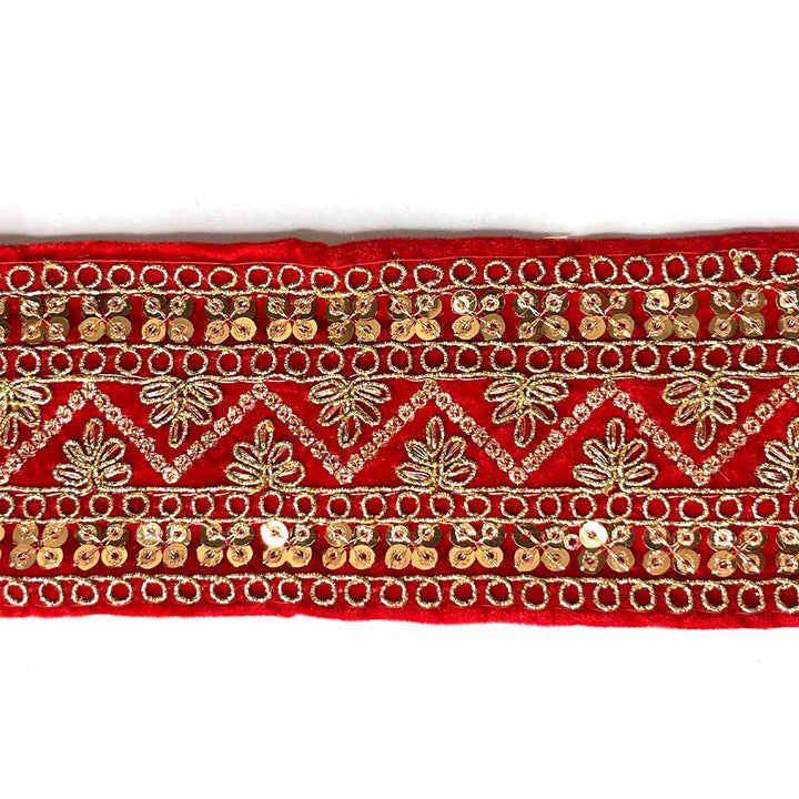 Golden Zari Embroidered Border | Red Velvet | Red Velvet With Golden Zari Embroidered Border- ( 9mtr, Design_2 ) | Adikala Craft Store | Art Craft | Decoration | Laces Collection | Border Collection | Craft Making