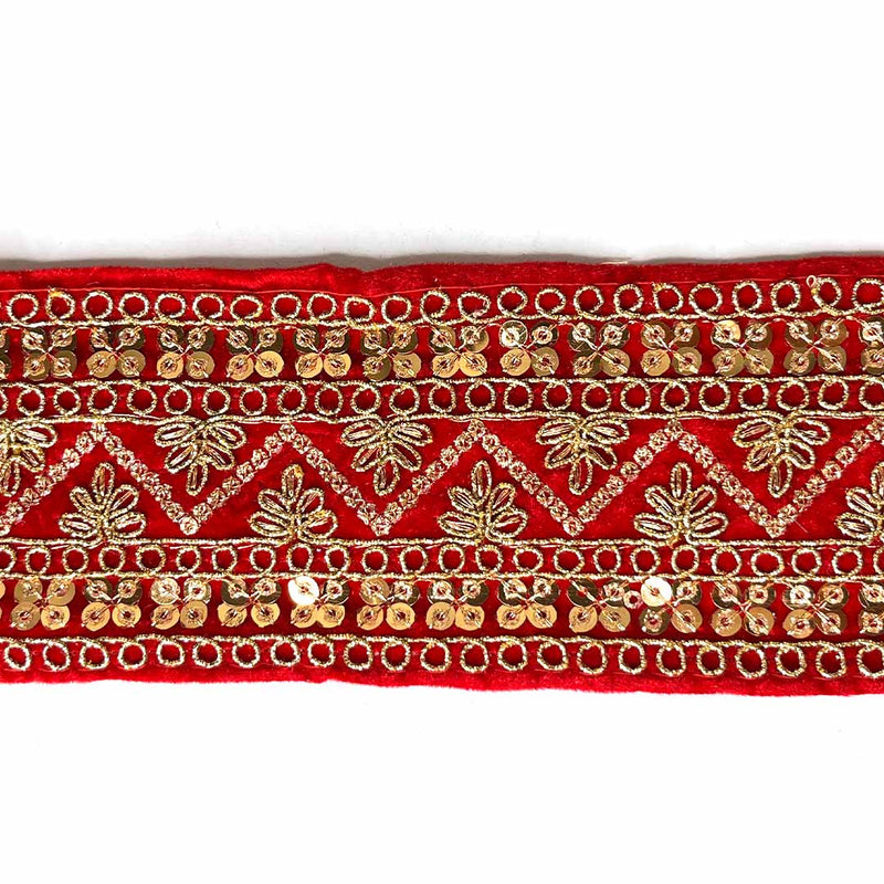 Golden Zari Embroidered Border | Red Velvet | Red Velvet With Golden Zari Embroidered Border- ( 9mtr, Design_2 ) | Adikala Craft Store | Art Craft | Decoration | Laces Collection | Border Collection | Craft Making