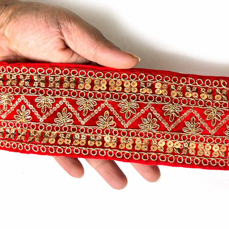 Golden Zari Embroidered Border | Red Velvet |  Red Velvet With Golden Zari Embroidered Border- ( 9mtr, Design_2 ) | Adikala Craft Store | Art Craft | Decoration | Laces Collection | Border Collection | Craft Making