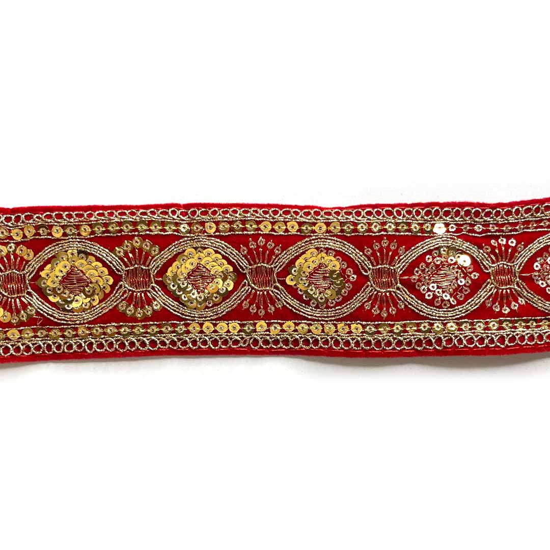 Red Velvet With Golden Zari Embroidered Border- ( 9mtr, Design_3 ) | Golden Zari Embroidered Border | Red Velvet | Adikala Craft Store | Art Craft | Decoration | Laces Collection | Border Collection | Craft Making
