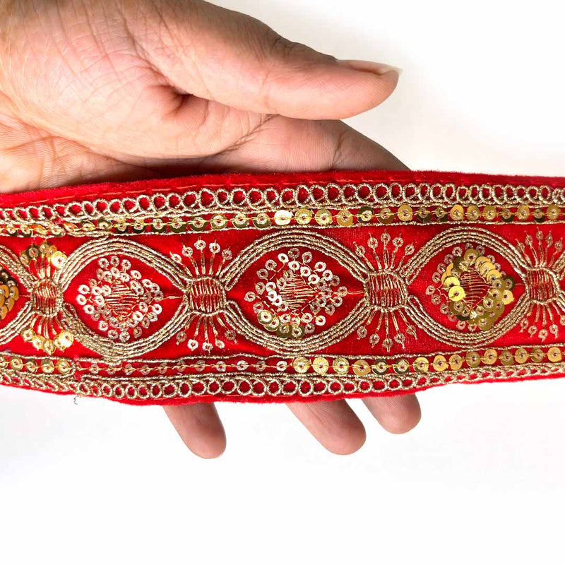 Red Velvet With Golden Zari Embroidered Border- ( 9mtr, Design_3 ) | Golden Zari Embroidered Border | Red Velvet | Adikala Craft Store | Art Craft | Decoration | Laces Collection | Border Collection | Craft Making