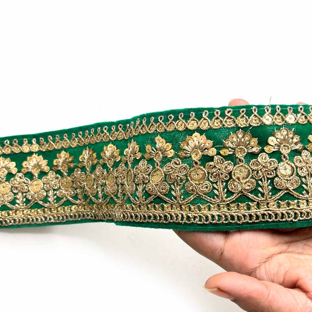 Green Velvet With Golden Zari Embroidered Border- ( 9mtr, Design_1 ) | Green Velvet | Golden Zari Embroidered Border | Adikala Craft Store | Art Craft | Decoration | Laces Collection | Border Collection | Craft Making