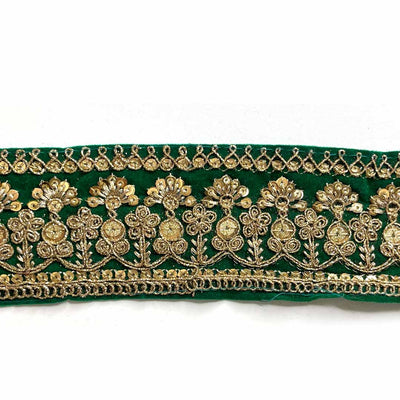 Green Velvet With Golden Zari Embroidered Border- ( 9mtr, Design_1 ) | Green Velvet | Golden Zari Embroidered Border | Adikala Craft Store | Art Craft | Decoration | Laces Collection | Border Collection | Craft Making