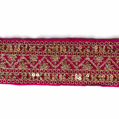 Rani Pink Velvet With Golden Zari Embroidered Border- ( 9mtr, Design_1 ) | Rani Pink Velvet With Golden Zari | Adikala Craft Store | Art Craft | Decoration | Laces Collection | Border Collection | Craft Making