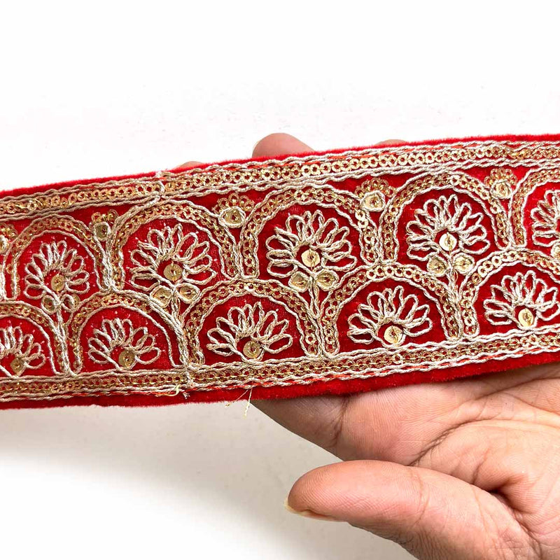 Red Velvet With Golden Zari Embroidered |  Golden Zari Embroidered Border- ( 9mtr, Design_1 ) | Border | Red Velvet Zari Borders | Adikala Craft Store | Art Craft | Decoration | Laces Collection | Border Collection | Craft Making