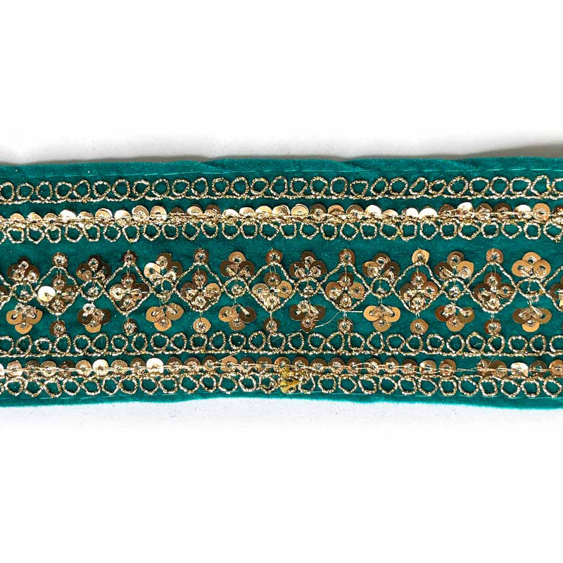 Teal Green Velvet With Golden Zari Embroidered Border- ( 9mtr, Design_1 ) | Teal Green Velvet | Teal Green Velvet With Golden Zari | Adikala Craft Store | Art Craft | Decoration | Laces Collection | Border Collection | Craft Making