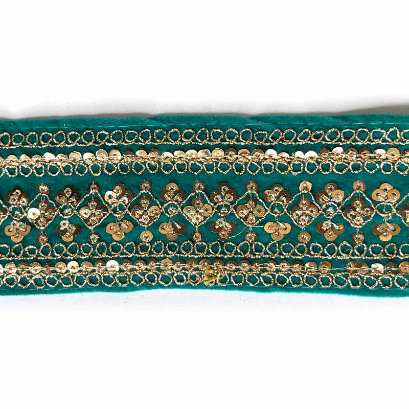 Teal Green Velvet With Golden Zari Embroidered Border- ( 9mtr, Design_1 ) | Teal Green Velvet | Teal Green Velvet With Golden Zari | Adikala Craft Store | Art Craft | Decoration | Laces Collection | Border Collection | Craft Making