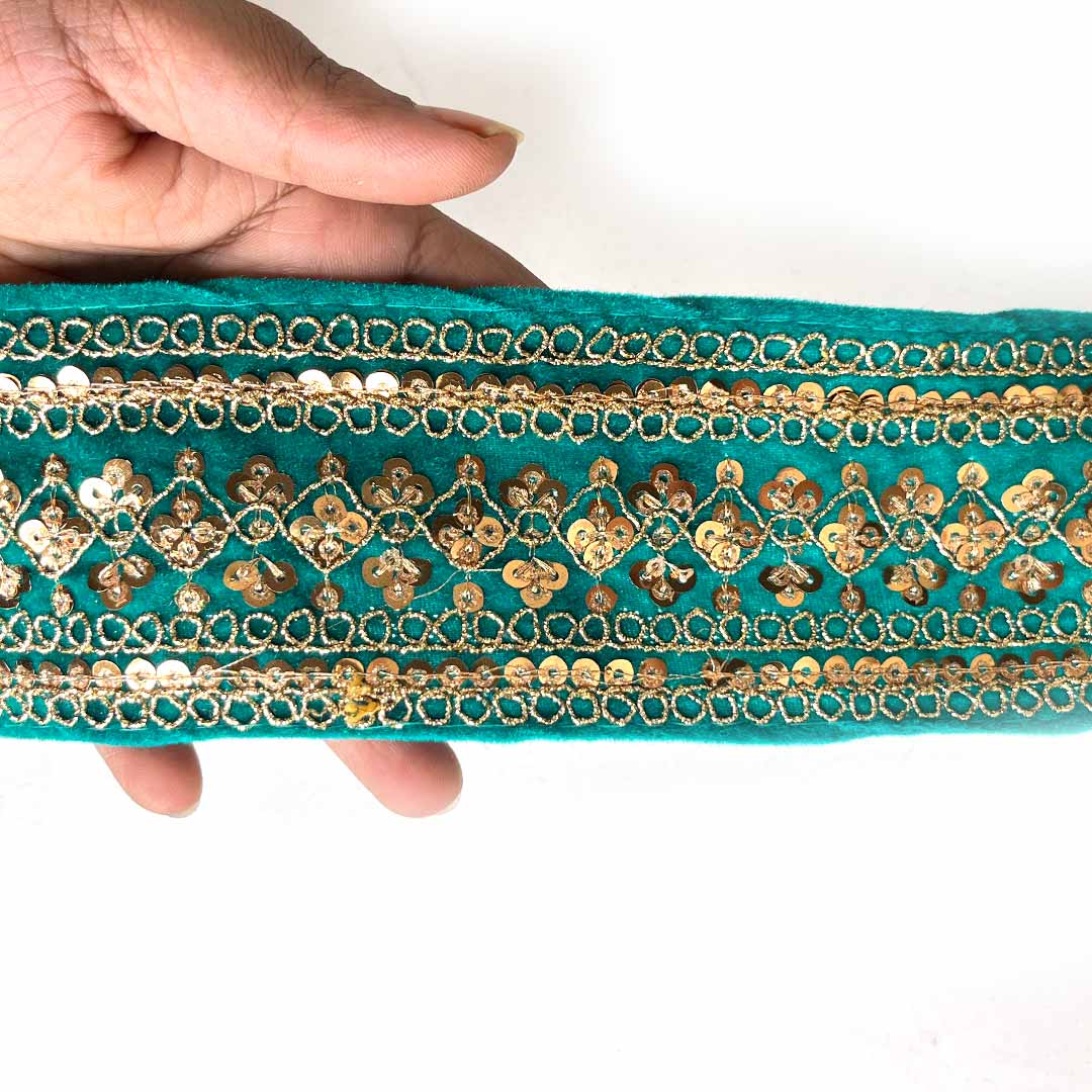 Teal Green Velvet With Golden Zari Embroidered Border- ( 9mtr, Design_1 ) | Teal Green Velvet | Teal Green Velvet With Golden Zari | Adikala Craft Store | Art Craft | Decoration | Laces Collection | Border Collection | Craft Making