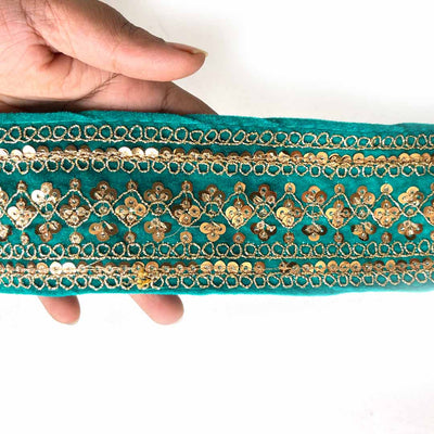 Teal Green Velvet With Golden Zari Embroidered Border- ( 9mtr, Design_1 ) | Teal Green Velvet | Teal Green Velvet With Golden Zari | Adikala Craft Store | Art Craft | Decoration | Laces Collection | Border Collection | Craft Making