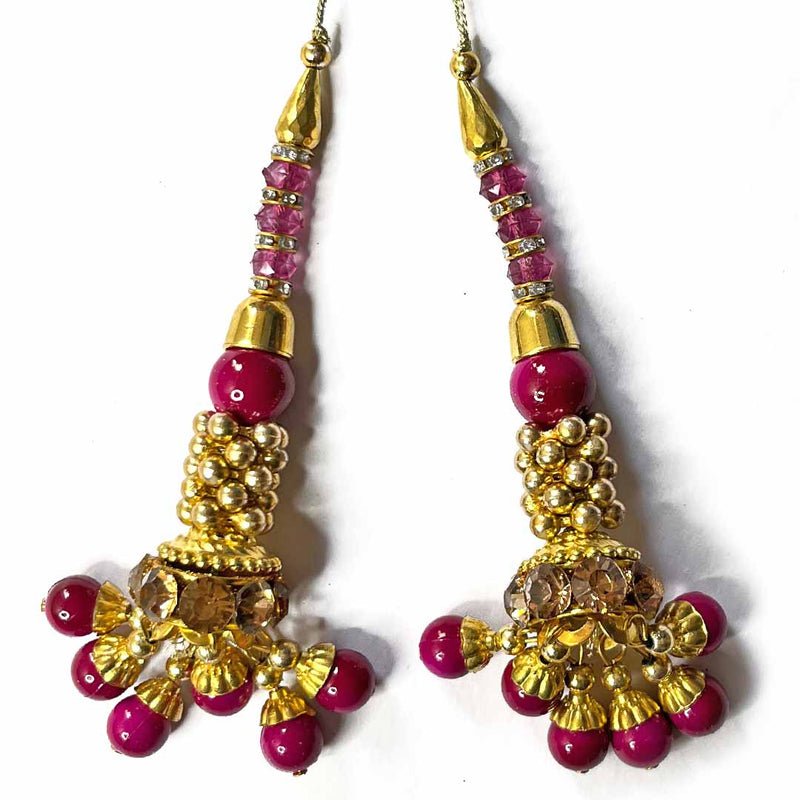 Rani Pink Color Glass Beads | Jarkan Work | Beads | Cones With Latkan | Latkan Hanging Tassels | Set Of 2 | Zari | Art Craft | Decoration Craft | indian Home | Decoration | Project Making | online Art | Design | Beautiful | Adikala | Adikala Craft Store