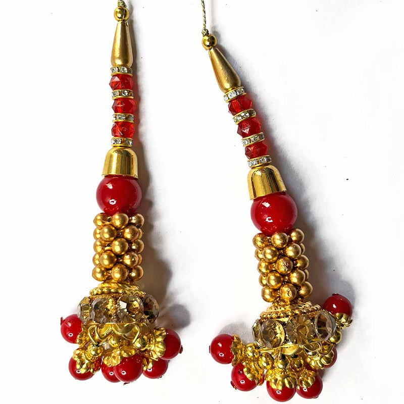 Red Color Glass Beads | Jarkan Work | Beads | Cones With Latkan | Latkan Hanging Tassels | Set Of 2 | Zari | Art Craft | Decoration Craft | indian Home | Decoration | Project Making | online Art | Design | Beautiful | Adikala | Adikala Craft Store