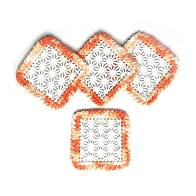 Peach & White Soft Yarn Hand Weaved Square Acrylic Coaster Set of 4