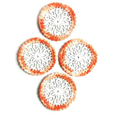 Peach & White Soft Yarn Hand Weaved Acrylic Coaster Set of 4